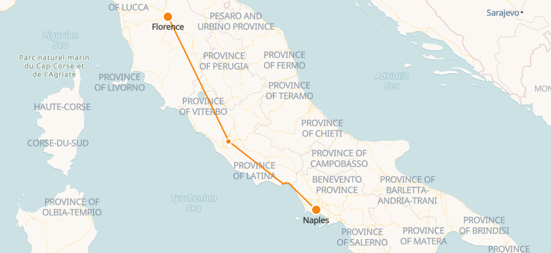 Mapa de Nápoles a Florencia