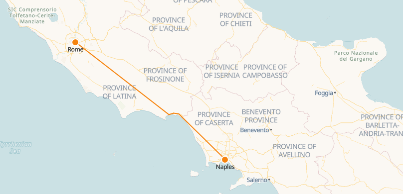 Mapa de Roma a Nápoles